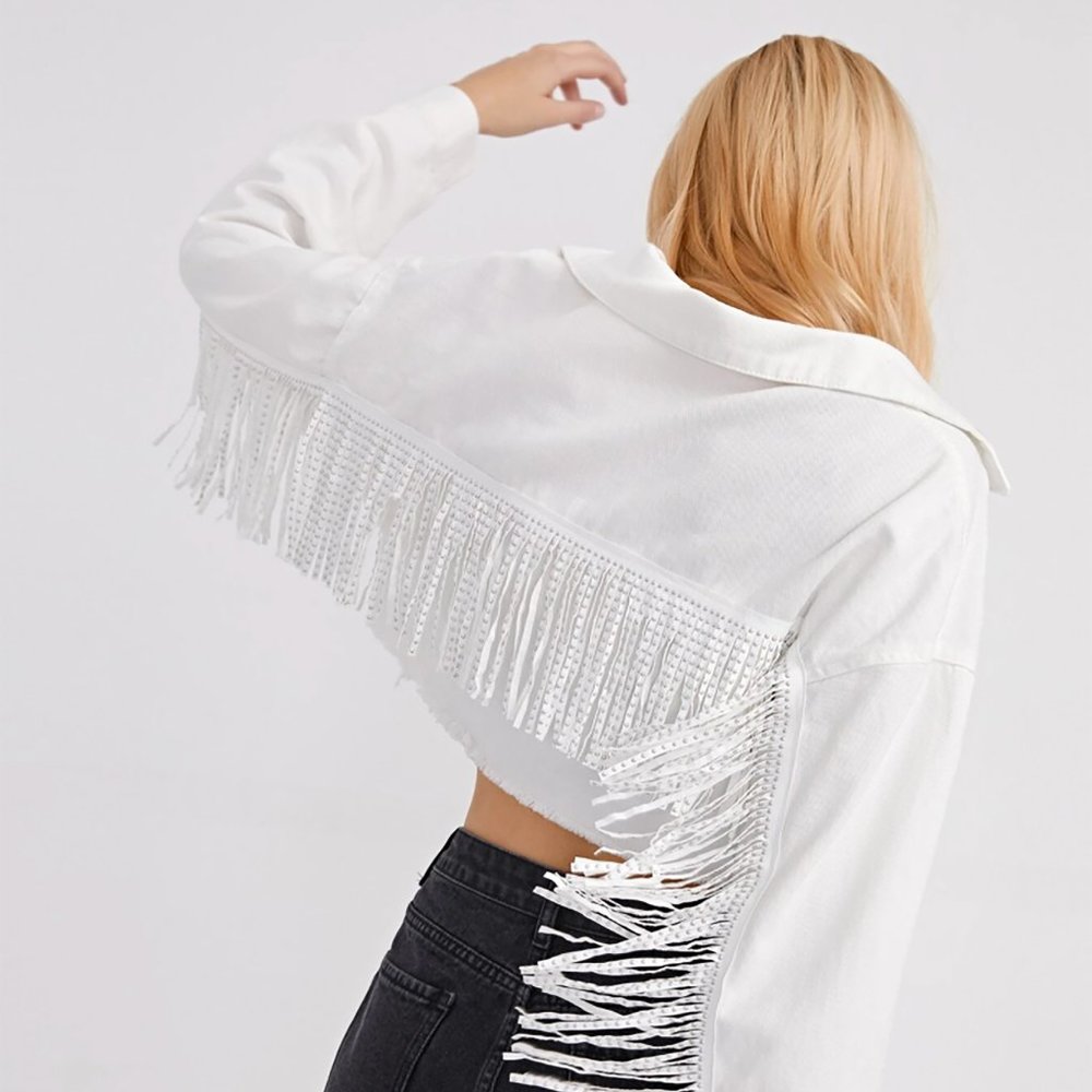 White Fringe Jean Jacket w/ Studded Tassels
